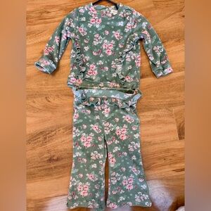 Kids Floral Ruffle Set - Green with Pink Flowers